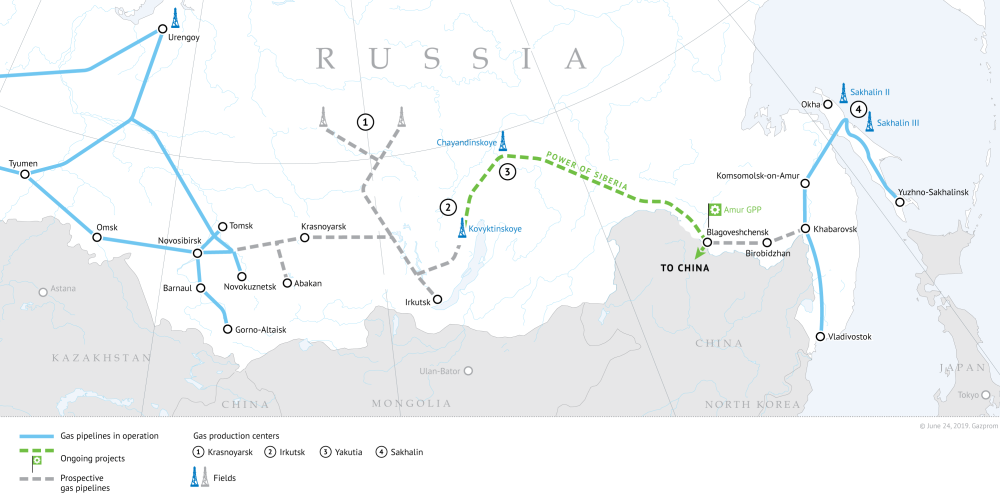 Developing gas resources and shaping gas transmission system in Eastern Russia. Green line - Power of Siberia on the map